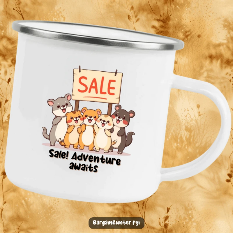 Funny animals pointing at a sale sign on a robust camping mug, designed for adventure.