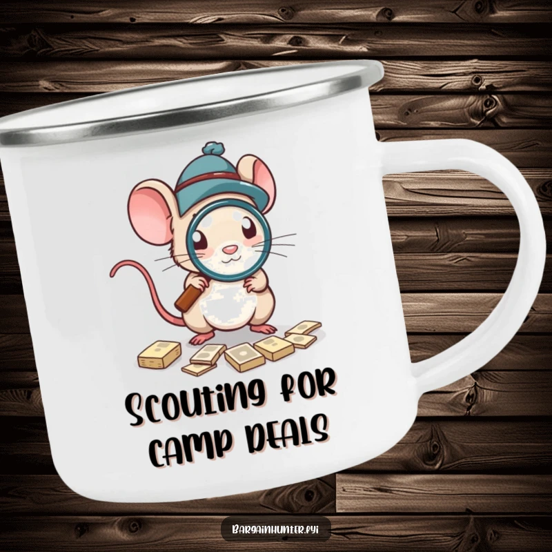 Funny Camping Mug with a mouse in a hat using a magnifying glass, symbolizing exploration and finding deals.
