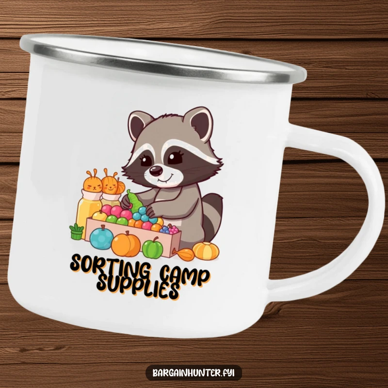 Funny Raccoon Collector Camping Mug: A cheerful raccoon sorts through a colorful display, perfect for outdoor enthusiasts.