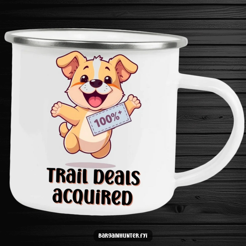 Funny, happy dog wearing a discount coupon, leaping with excitement, on a durable camping mug, ready for outdoor humor and drinks.