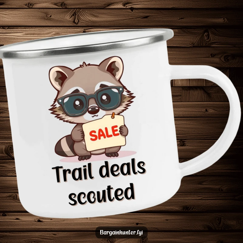 Funny, cute raccoon wearing large spectacles, peering intently at a sale tag, on a durable camping mug, ready for outdoor humor.