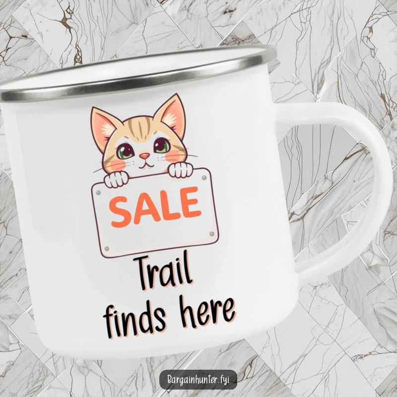 Funny cat peeking from behind a sale sign on a camping mug, celebrating adventure and good deals, ideal for outdoors.