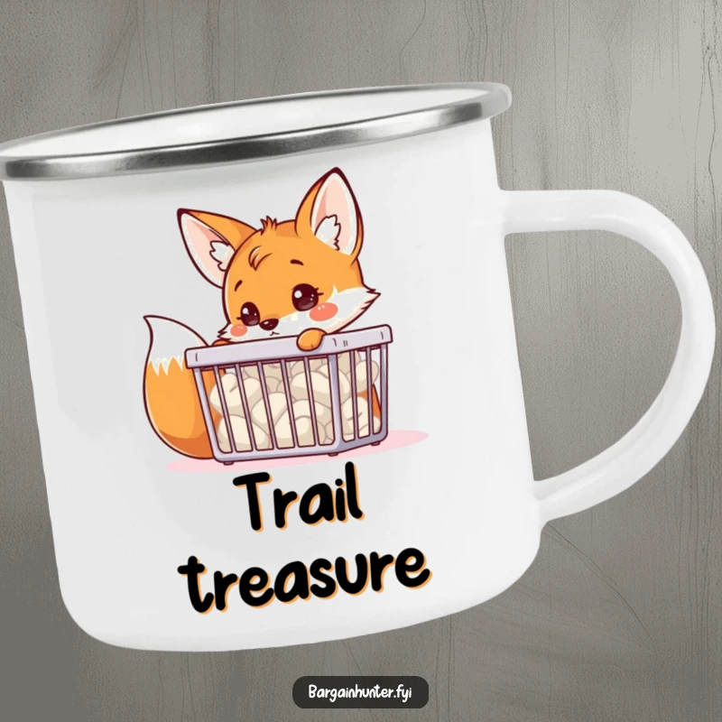 A funny fox character curiously looking into a bargain bin, designed for a durable and funny camping mug.