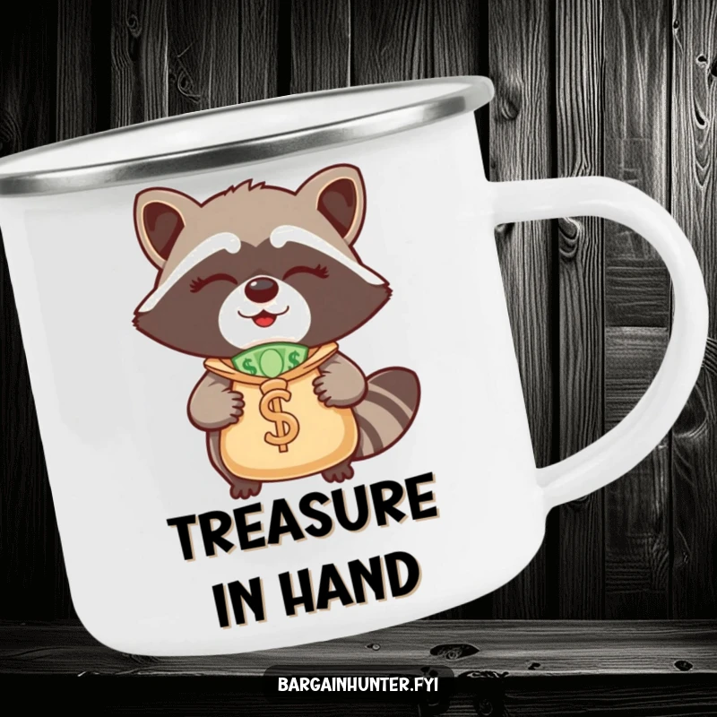 Funny Raccoon Camping Mug: A winking raccoon holding a money bag, ready for outdoor adventures with a funny twist.