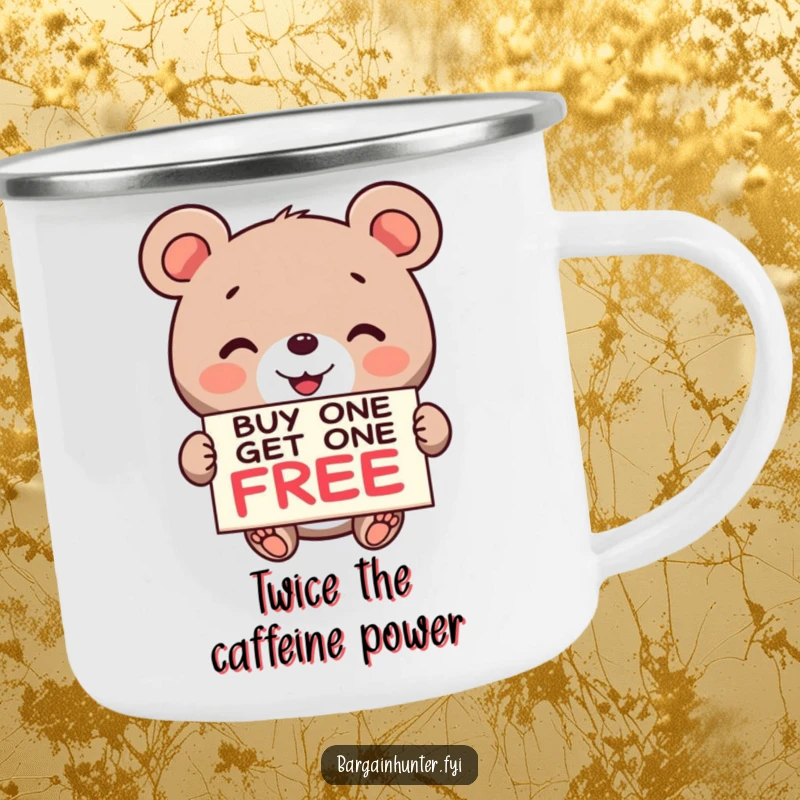 Funny Bear BOGO Camping Mug: A smiling bear holds a buy one get one free sign, perfect for outdoor adventures.