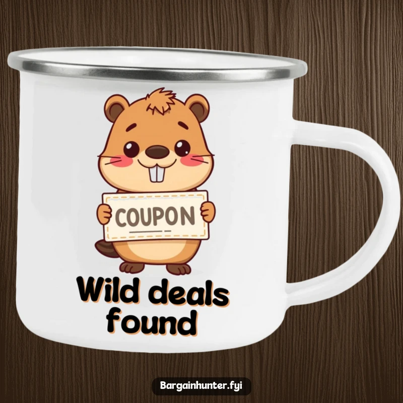 Funny happy beaver holding a coupon with a grin on a sturdy camping mug, perfect for humorous outdoor enjoyment.
