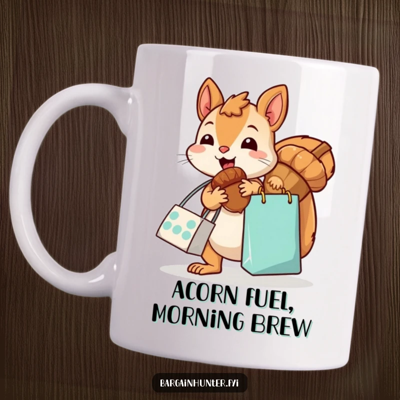Funny, kawaii squirrel with a shopping bag, excitedly grabbing an oversized acorn, depicted on a humorous mug, ideal for nature lovers.