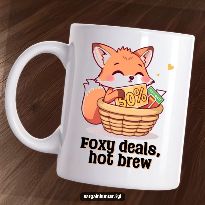Funny Fox Mug: A playful fox cunningly stuffs a huge discount into a basket. Humorous design for shrewd shoppers and gift-givers.