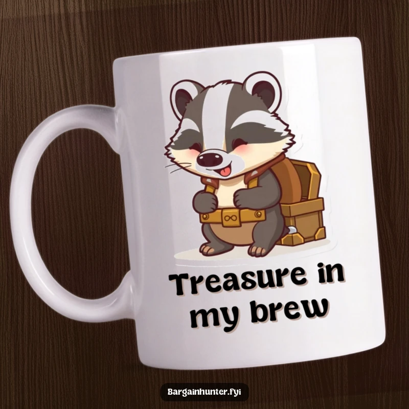 Funny badger mug showing a curious badger with a backpack excitedly peering into a treasure chest.