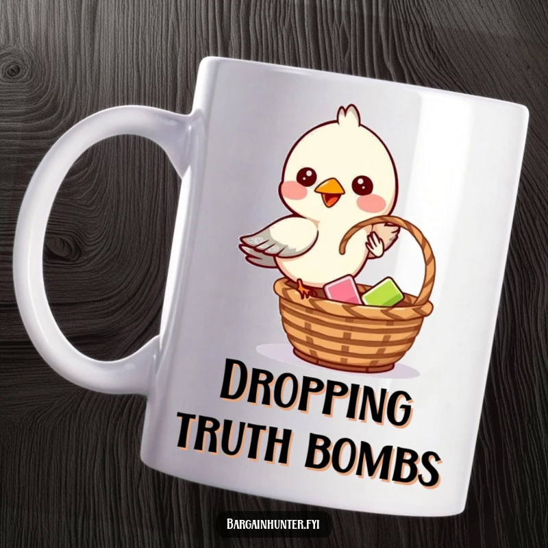 Funny mug art of a mischievous bird dropping a small item into a basket with a sly expression.