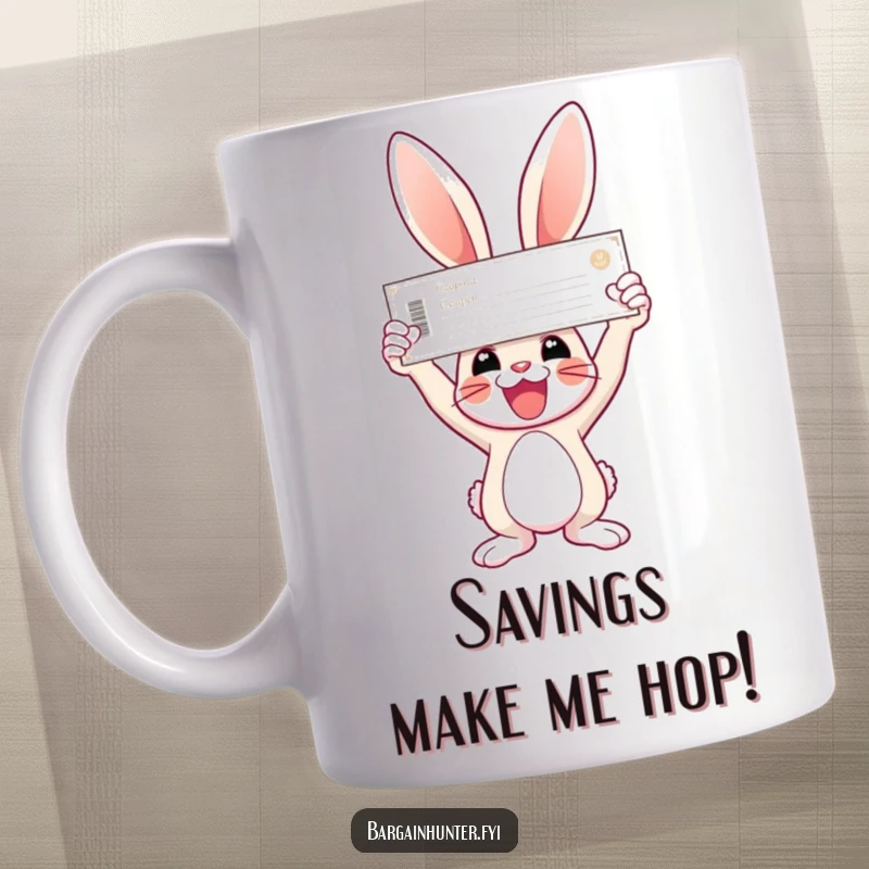 Funny bunny mug featuring a joyful bunny holding a giant coupon triumphantly in the air.