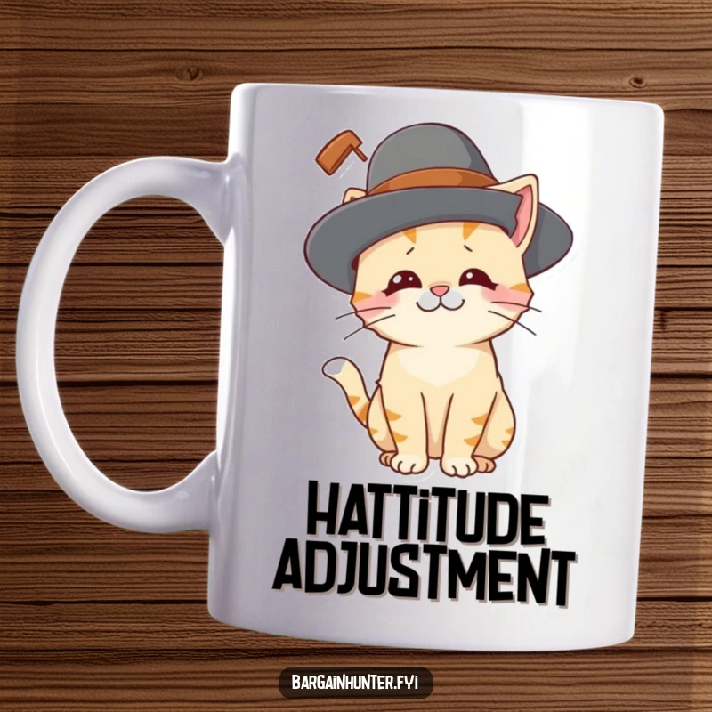Funny cat mug featuring a playful cat character looking amused while trying on a ridiculously large hat, showcasing feline fashion.
