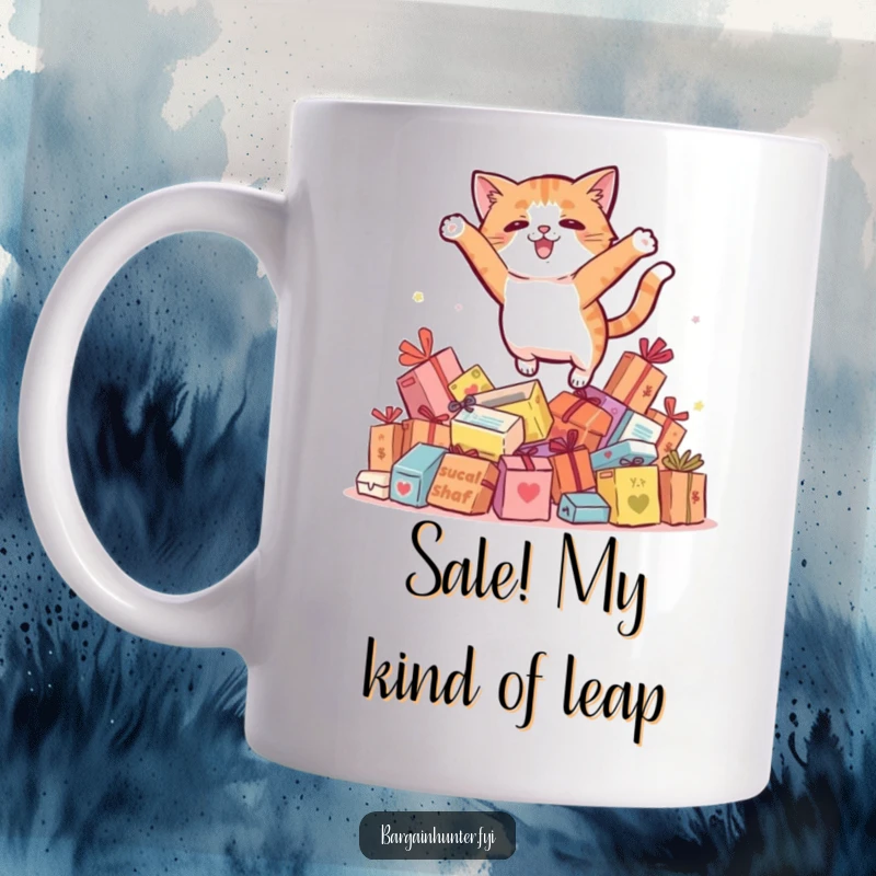 Funny cat energetically leaping over a pile of discounted sale items with glee.