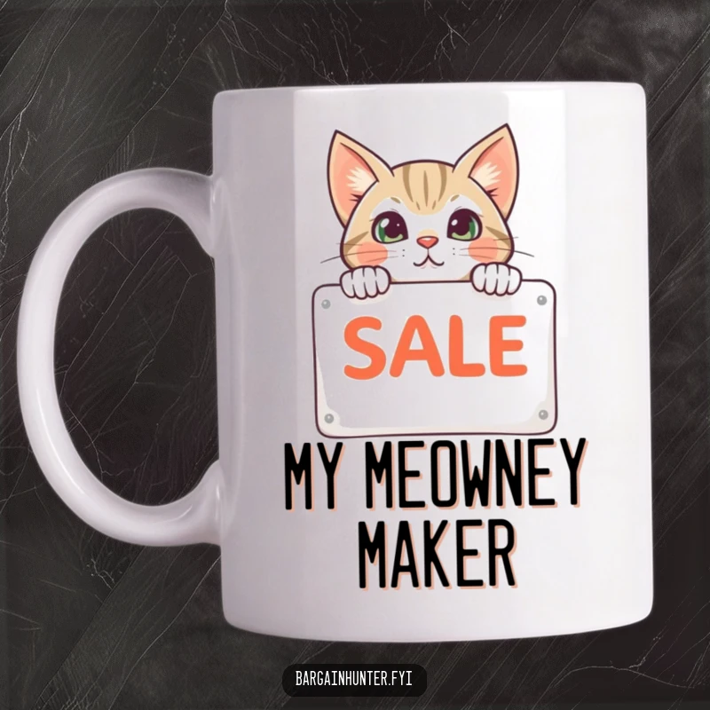 Funny cat peeking from behind a sale sign on a mug, expressing curiosity and a love for deals, perfect for shoppers.