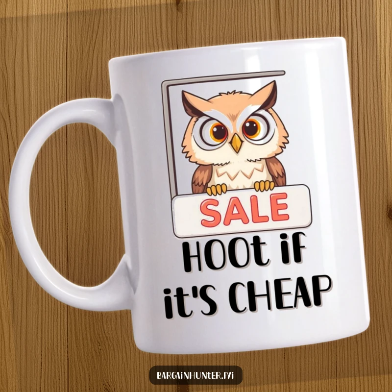 Funny curious owl peeking intently into a sale advertisement on a ceramic mug, showcasing bargain hunting humor.
