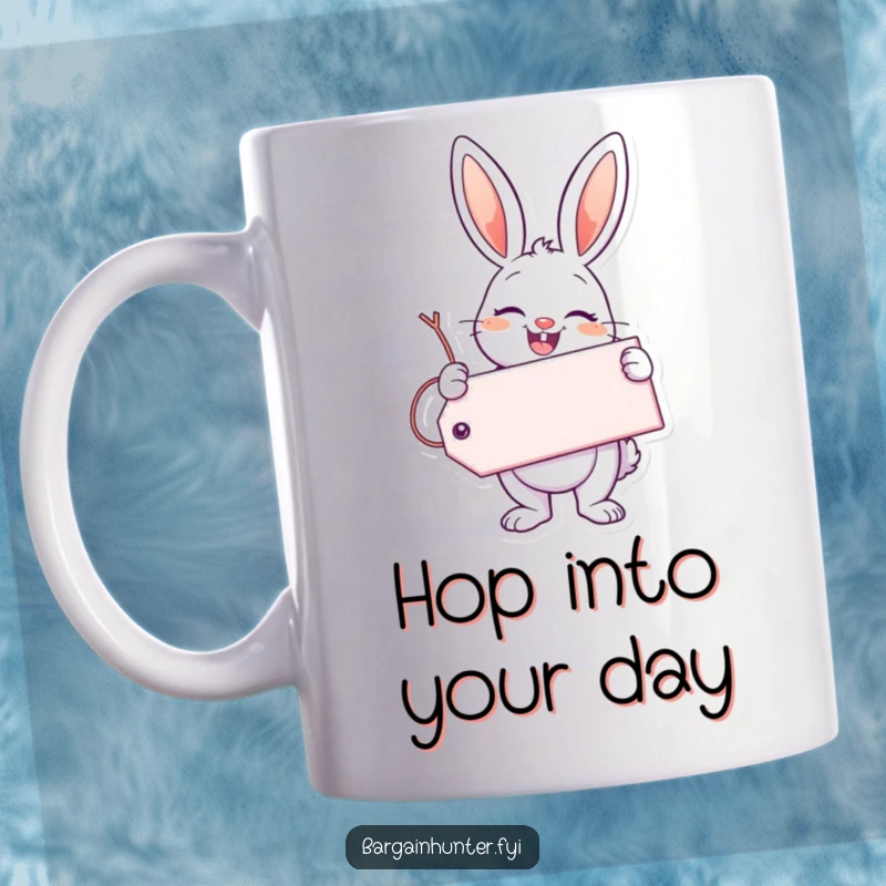 Funny Enthusiastic Bunny Mug featuring a cheerful bunny holding a giant tag with a big smile, radiating happiness.