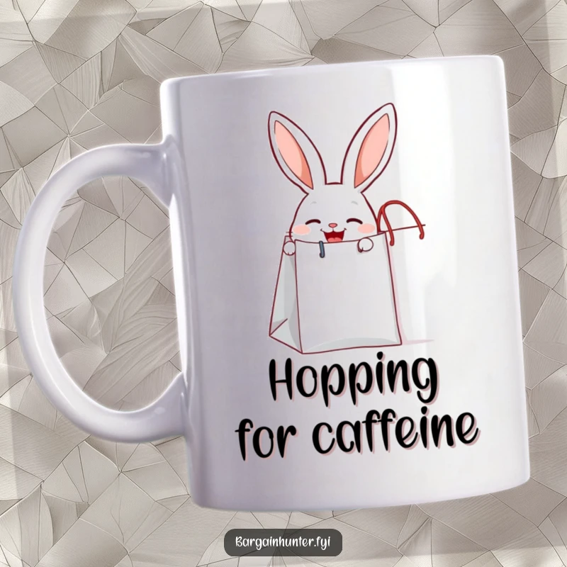 Funny joyful rabbit peeking out from a giant shopping bag, a cute and humorous mug design.
