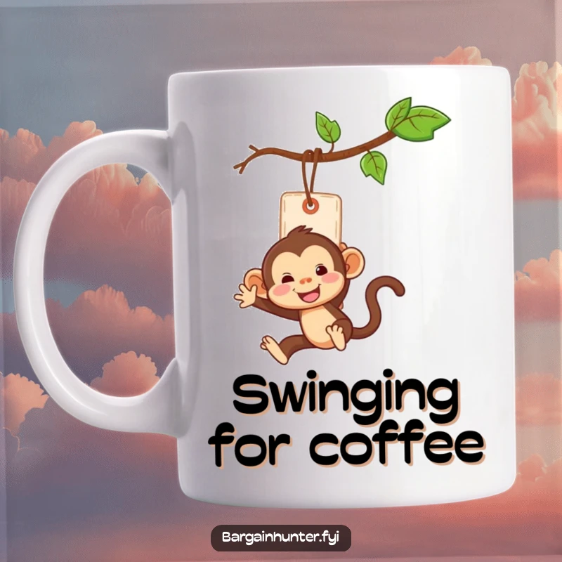Funny monkey character swinging from a price tag like a vine, playful and adventurous mug design.
