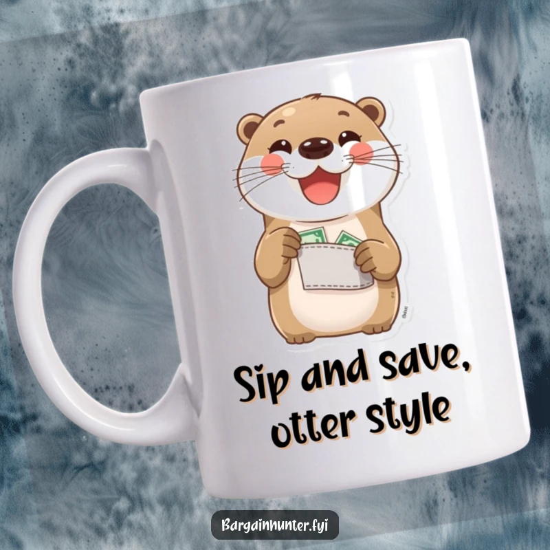 Funny Otter Mug: A delighted otter proudly displays its pocket change. Humorous design for savers and gift-givers.