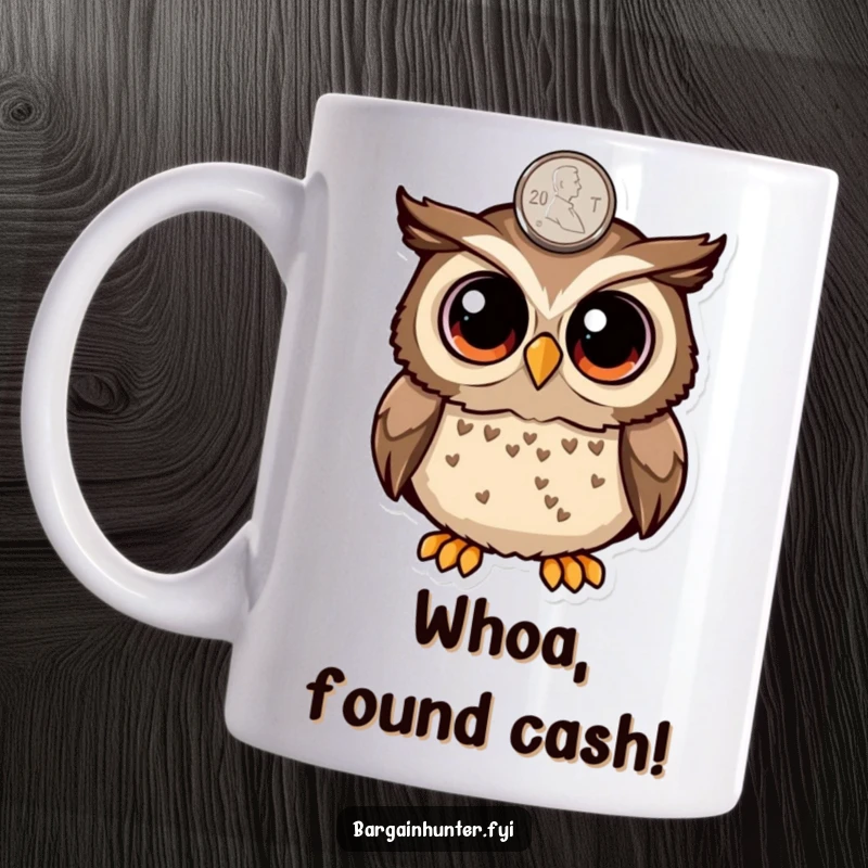Funny surprised owl with large round eyes spotting a penny on a mug, symbolizing luck and wonder, perfect gift.