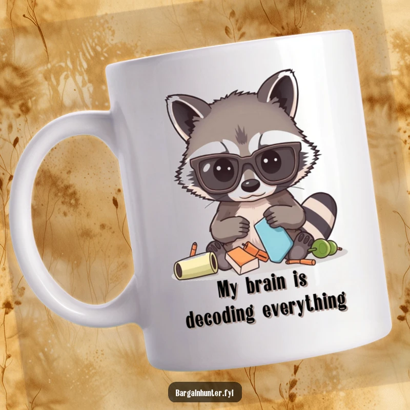 Funny mug featuring a curious raccoon in oversized glasses, intently sifting through a pile of items, embodying playful investigation.
