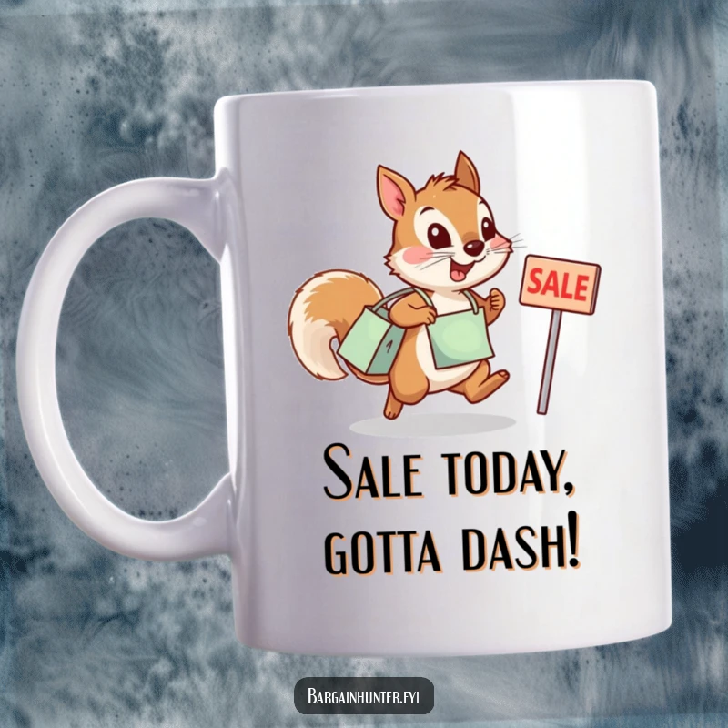 Funny squirrel mug showing a determined squirrel in a shopping bag leaping towards a sale sign with excitement.