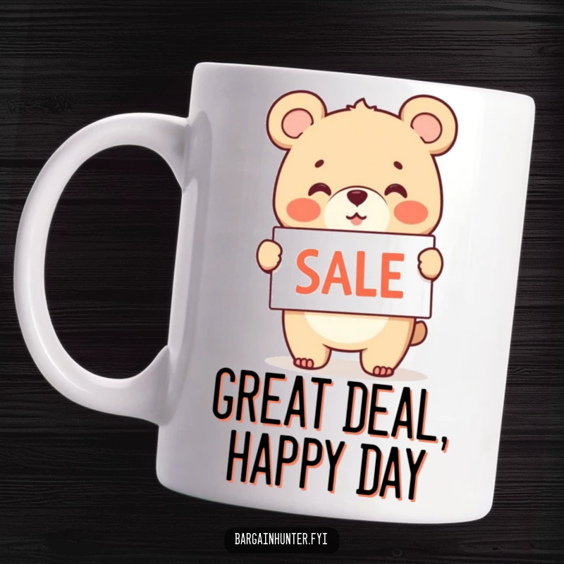 Funny mug art of a cheerful bear cub happily waving a sale sign, inviting you to grab a deal.