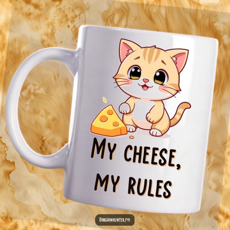 Funny Cat Mug: Wide-eyed feline character gleefully reaching for a fallen piece of cheese, expressing pure joy and mischief.