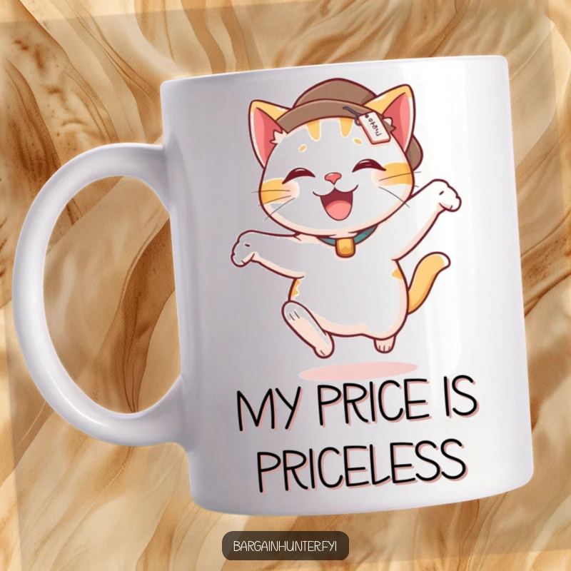Funny cat wearing a price tag hat leaping joyfully, capturing the excitement of a great deal on this ceramic mug.