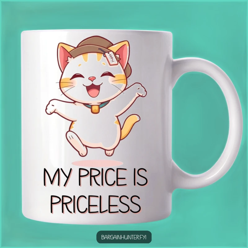 Funny Cat Leap Mug: Delighted Feline in Hat with Price Tag - Perfect Funny Gift Idea