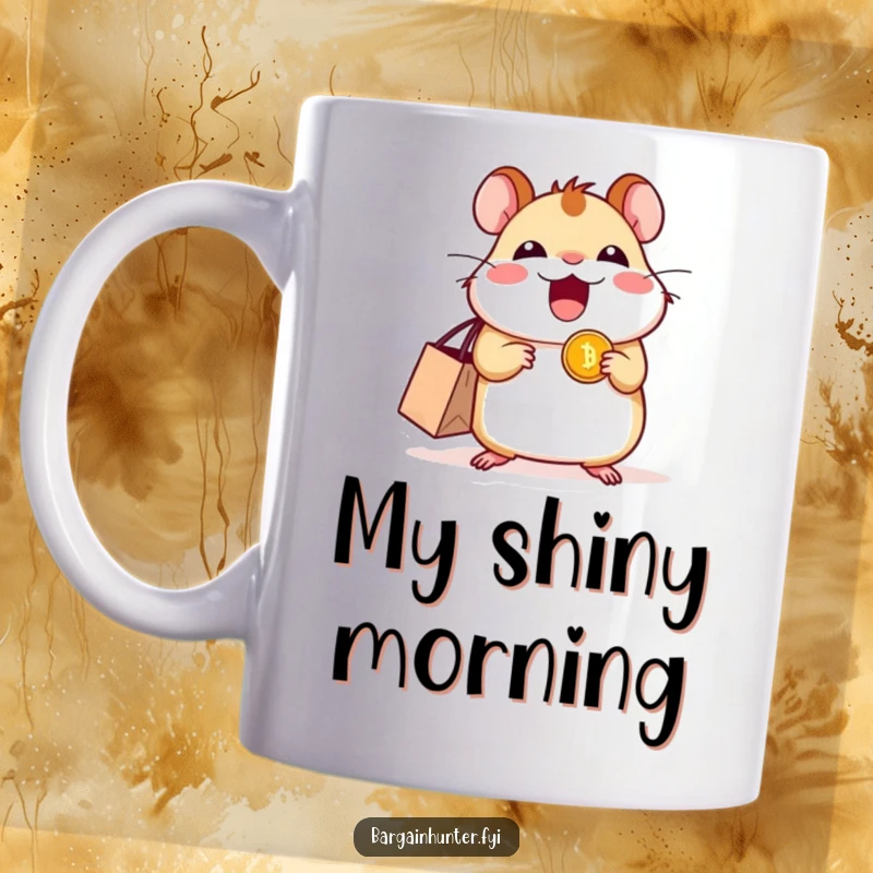Funny excited hamster mug with a tiny shopping bag, joyfully clutching a shiny coin, ready for retail therapy.
