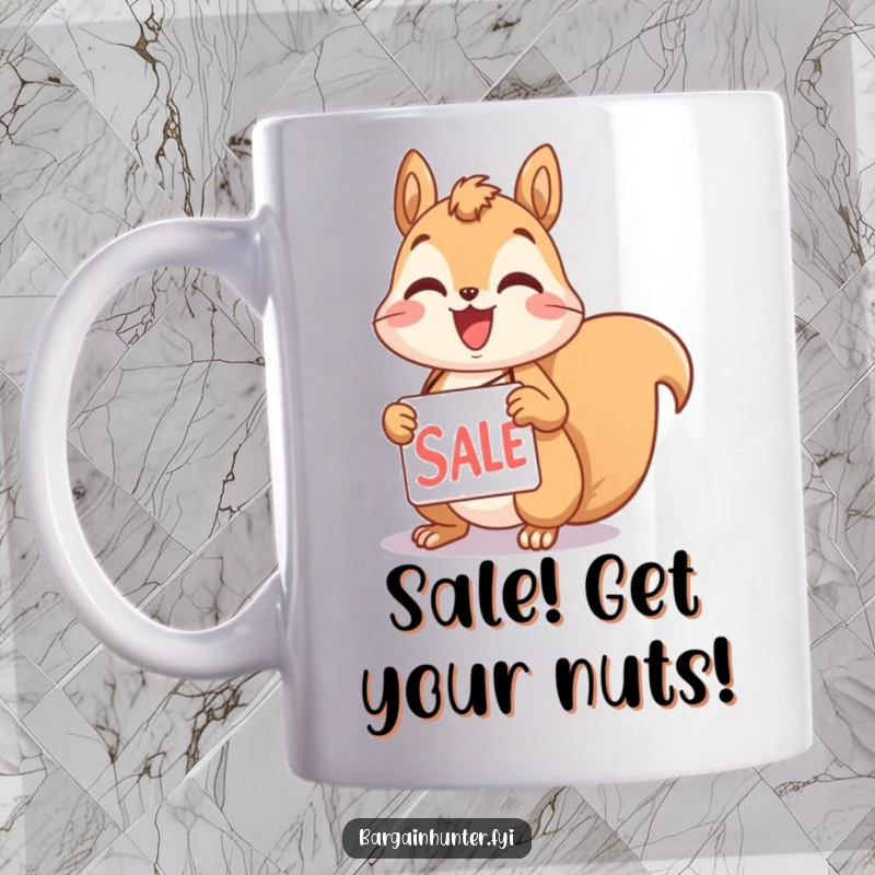 Funny squirrel mug with a delighted character holding a large sale tag, symbolizing excitement for shopping and deals.