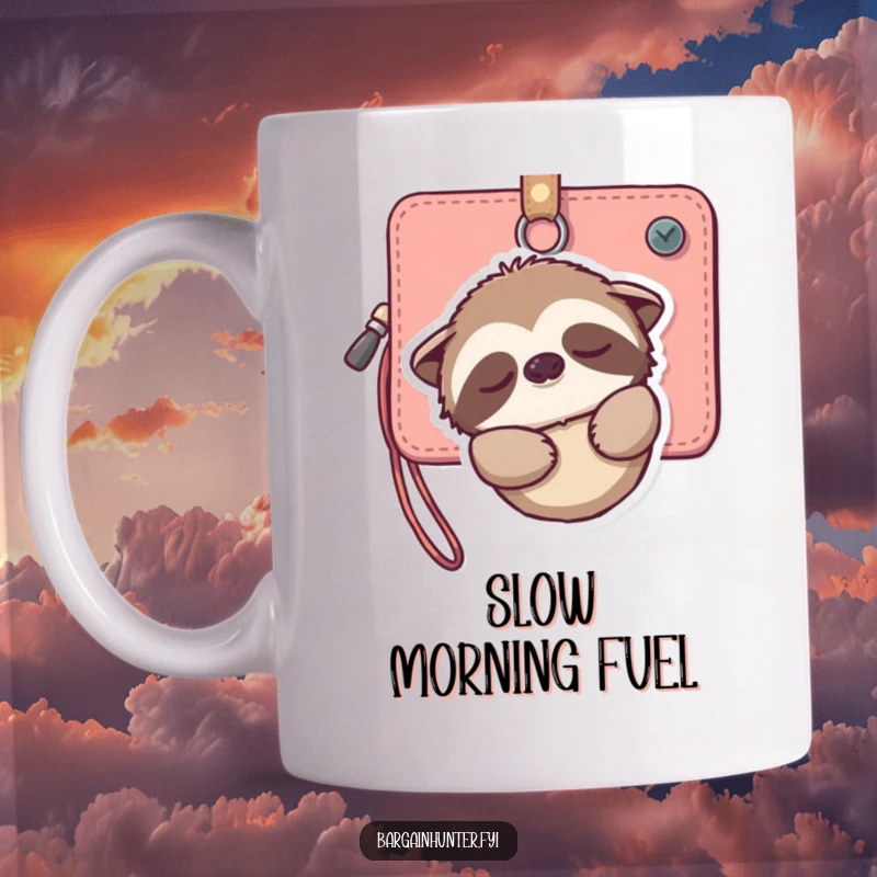 Funny mug with a dozing sloth clinging to a wallet, wearing a peaceful smile, embodying relaxation and gentle living.