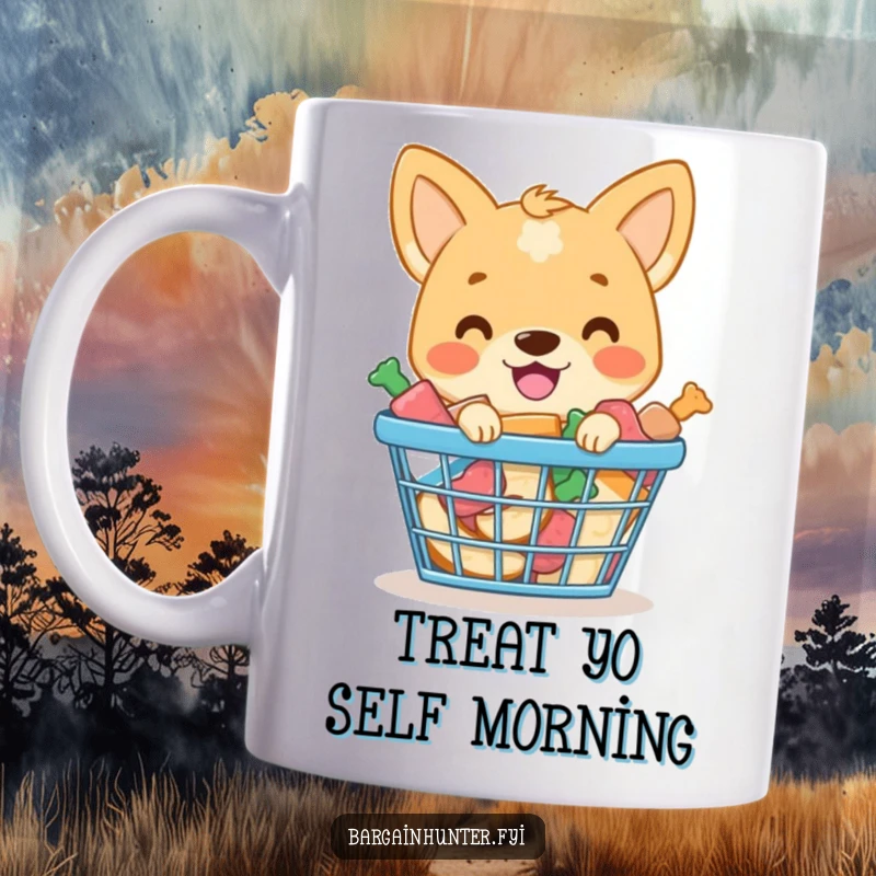 Funny mug art of a smiling dog with a shopping basket overflowing with tasty treats, ready for a celebration.