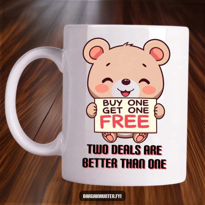 Funny Bear BOGO Mug: A cheerful bear holds a buy one get one free sign, promoting amazing deals with a big smile.