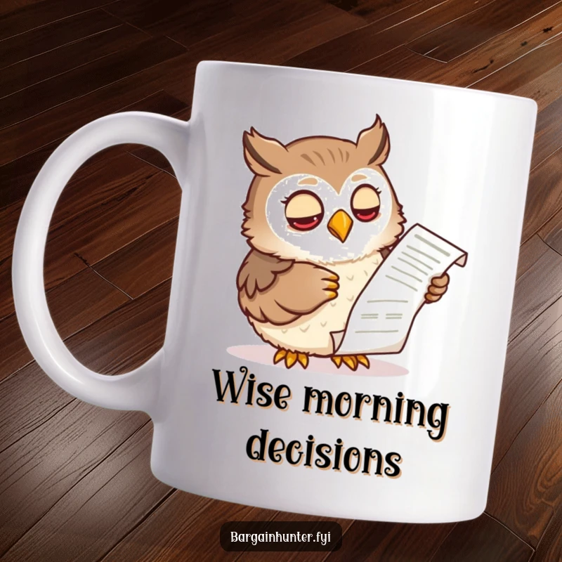 Funny mug featuring a wise owl character scrutinizing a shopping receipt with a knowing, humorous expression, symbolizing financial prudence.