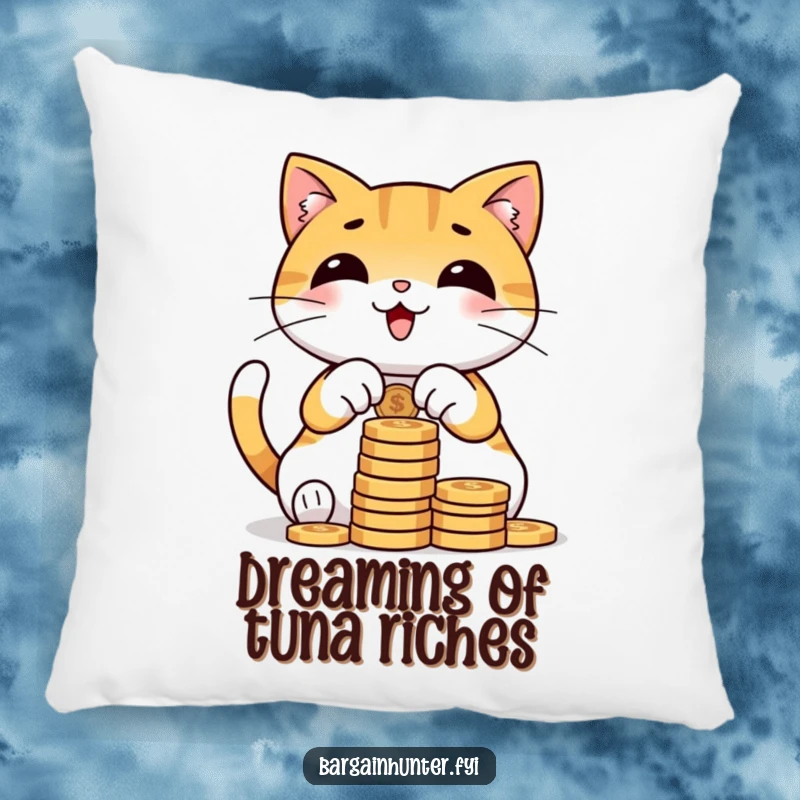 Funny cat pillow with a contented character happily counting a large pile of coins, offering comfort and humorous decor.