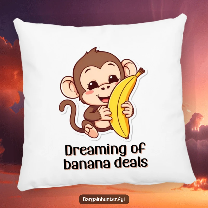 Funny monkey pillow with a negotiation-themed character trying to trade for a banana, offering comfort and humorous decor.