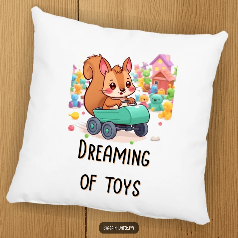 Funny playful squirrel pillow with a tiny cart, racing through colorful toys, perfect for cozy playtime and fun.