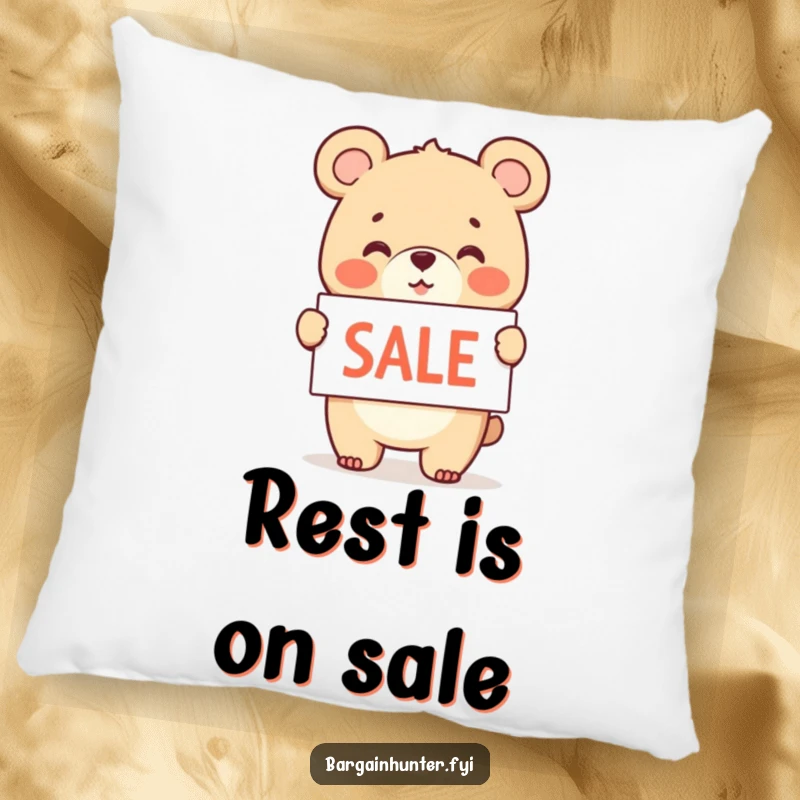 Funny pillow featuring a cheerful bear cub holding and waving a sale sign.