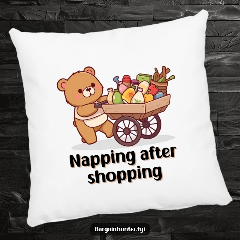 Funny pillow: a happy bear pushes a cart overflowing with goods, soft and comforting.
