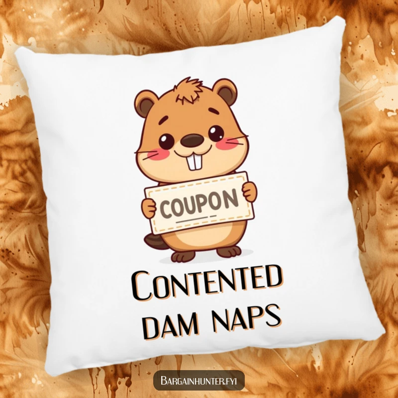 Funny happy beaver holding a coupon with a grin on a decorative pillow, offering comfort and humorous charm.