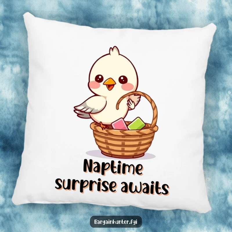 Funny pillow featuring a mischievous bird dropping an item into a basket with playful intent.