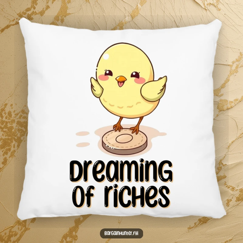 Funny bird pillow featuring a cute bird pecking a coin, designed for comfort and adding a humorous touch to any room.