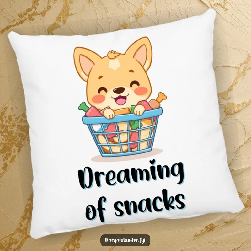 Funny pillow featuring a smiling dog with a shopping basket overflowing with delicious dog treats.