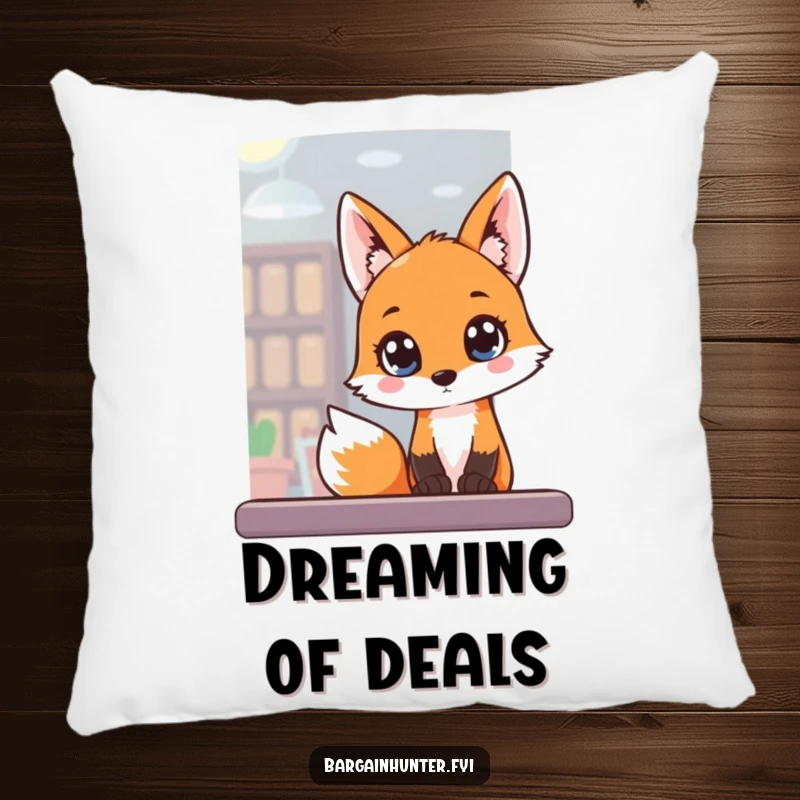Funny Pillow featuring a fox gazing intently into a store window, embodying curiosity and wonder.