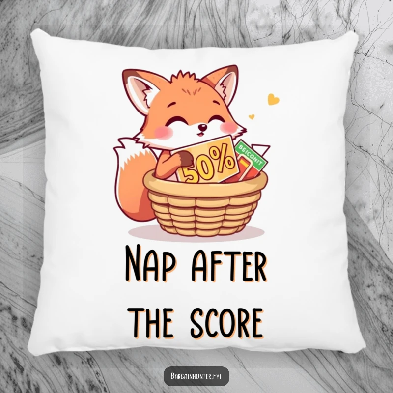 Funny Fox Pillow: A playful fox is stuffing a huge discount into a basket. Humorous and comfortable decorative pillow.