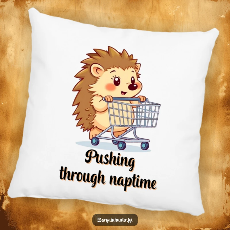 Funny hedgehog pushing a giant shopping cart as a decorative pillow, soft and humorous home accessory.
