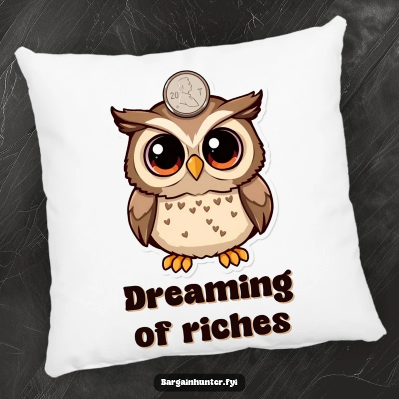 Funny surprised owl with big eyes finding a penny on a pillow, decorative cushion adding whimsy and humor to any room.