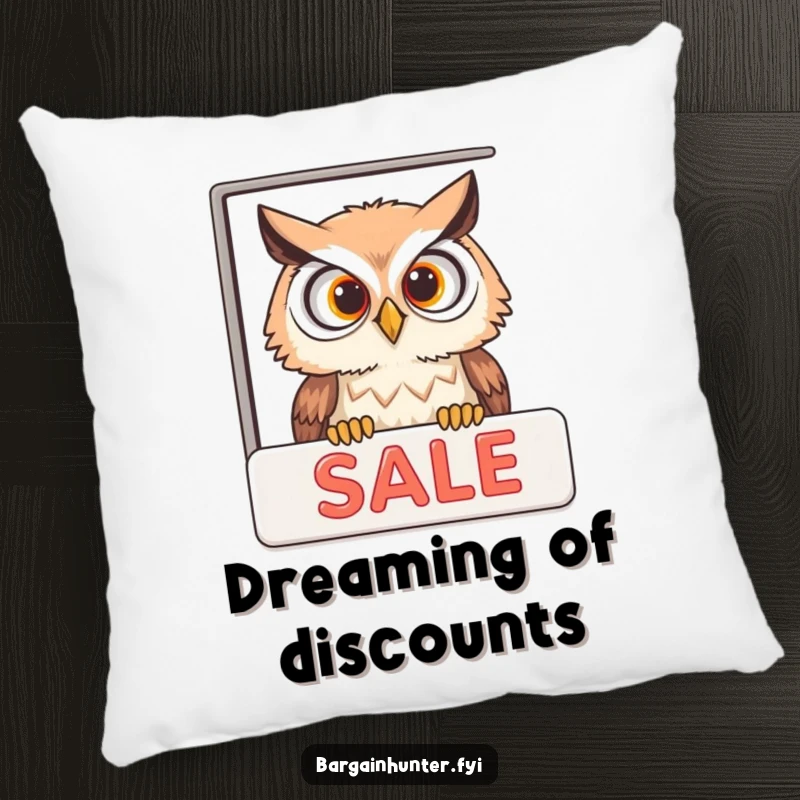 Funny curious owl peeking into a sale advertisement on a decorative pillow, offering comfort and humorous charm.